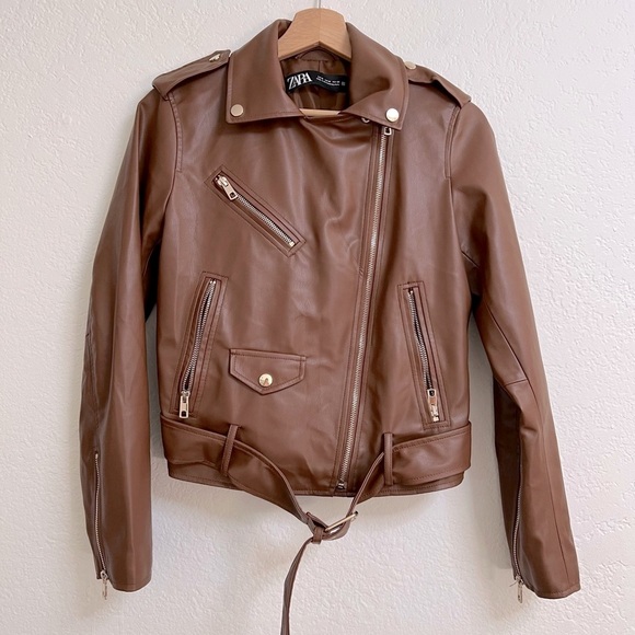 Zara Brown Faux Leather Biker Jacket Gold Zippers, Size M - Picture 2 of 6